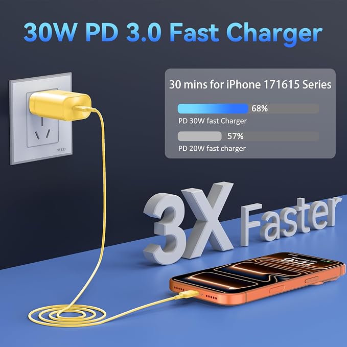 Phone 17 16 15 Charger Fast Charging,30W USB C Phone 17 16 15 Pro Max Charger Block &10FT Long Type C Cable Cord for i.Phone 17/Air/17 Pro/17 Pro Max/16/16 Plus/16 Pro/16 Pro Max/15/15 Pro Max,Yellow - Image 3