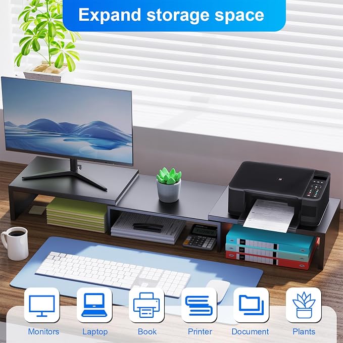Desk Organizers and Accessories, Dual Monitor Stand Riser, Monitor Desk Shelf for Desktop Organization (Black) - Image 6