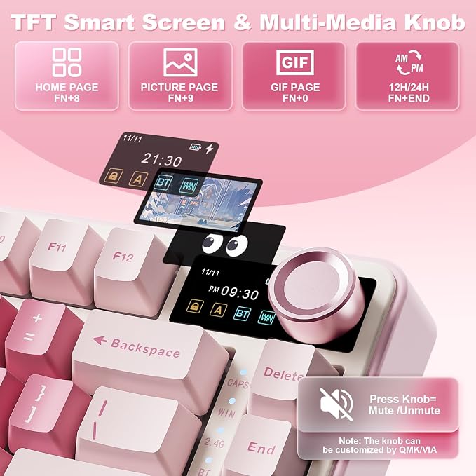 YUNZII B75 PRO MAX 75% Mechanical Keyboard (Pink Heart, Milk Switch) | QMK/VIA, Wireless Keyboard with Screen and Knob, Custom Hot Swap, Gasket Mount, Creamy Switches, RGB for Gaming/Win/Mac - Image 7