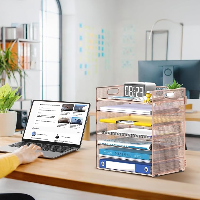 7 Tier Paper Organizer for Desk with Letter Trays and Handle Rose Gold | Desk File Organizer with Handle for Sorting Papers, Files, Folders, Mail, Bills and Office Supplies - Image 7