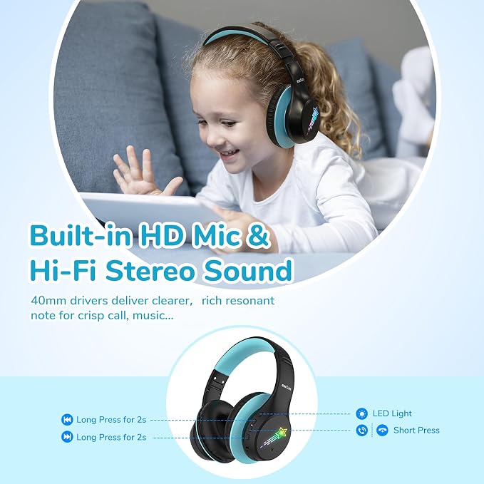 EarFun K4 Kids Bluetooth Headphones, Wireless Headphones with Lights, Black | 74/85/94dBA Volume Limited, Built-in Mic, 90H Playtime, Bluetooth 5.4 Over Ear Headphone for iPad/Tablet/School, Dark Black - Image 4