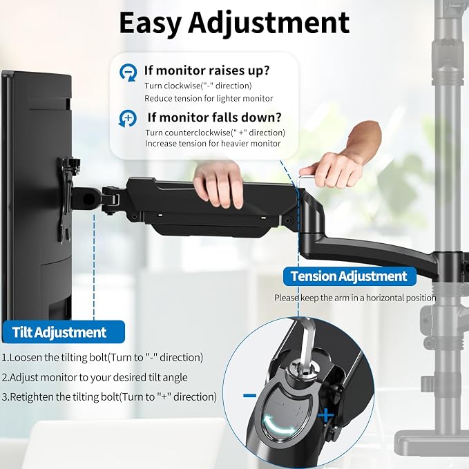 Triple Monitor Mount Fits Max 32" Computer Screen Triple Stand | Holds up to 17.6lbs Each Arm, 3 Monitor Desk Mount, Triple Arm with Tilt Swivel Rotation, VESA Mount 75/100mm - Image 6