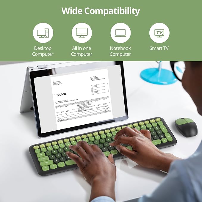 Surmen Dark Green Keyboard and Mouse Wireless Quiet, Full-Size Girly Cute Keyboard Mouse Retro Typewriter Low-Noise 2.4GHz for Computer, Desktop, Laptop (6-Black Green) - Image 4
