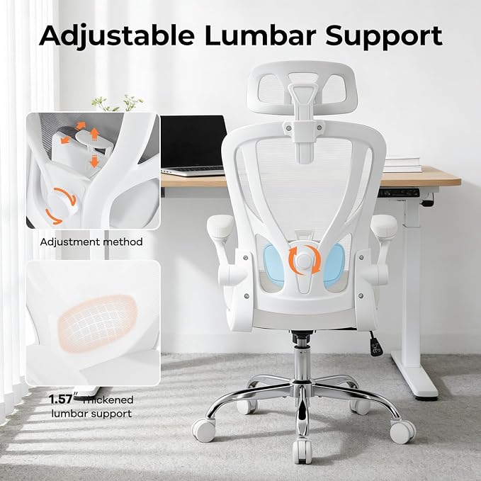 Office Chair Ergonomic Office Chair, Mesh Desk Chair, White, 1 PK | Lumbar Support, Head Support, Rocking Function, Flip-up Armrests, Mesh High Back, Suitable for Home Office - Image 6