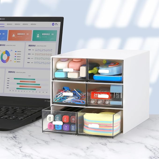 Desk Organizer with 5 Drawers, Rectangular Office Stationery Supplies Desktop Drawers, Plastic Makeup Storage, Suitable for Office, School, Home (White & 6 Drawers) - Image 4