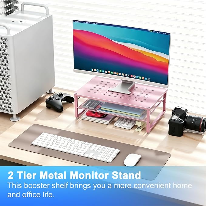 gianotter 2-Tier Metal Monitor Stand Riser | Desk Organizers and Accessories, Desk Organizer for Monitor, Office Desk Storage Organizer for Office Supplies (Pink) - Image 2
