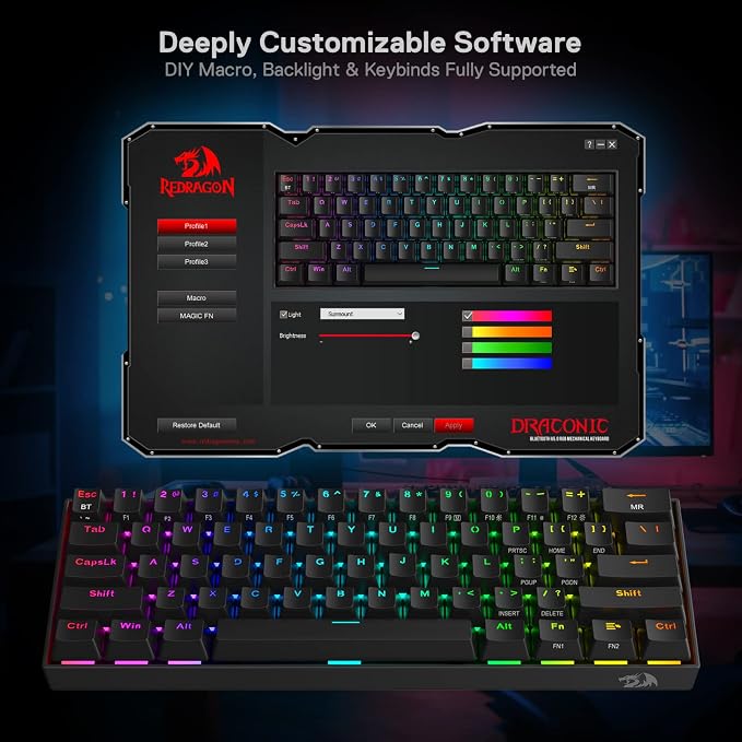 Redragon K530 Pro Draconic 60% Wireless RGB Mechanical Keyboard, BT/2.4Ghz/Wired 3-Mode 61 Keys Compact Gaming Keyboard w/Hot-Swap Socket, Free-Mod Plate Mounted PCB & Tactile Brown Switch - Image 8