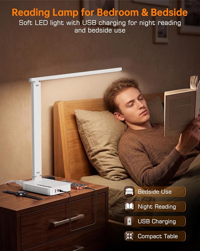 LED Desk Lamp for Dorm Office, USB-C & 2 AC Outlets Charging, White | LED Desk Lamps for Home Office with 2 USB Charging Ports(1 USB-C), 2 AC Outlets, Foldable Small Desk Lamp for Study Reading - Image 9
