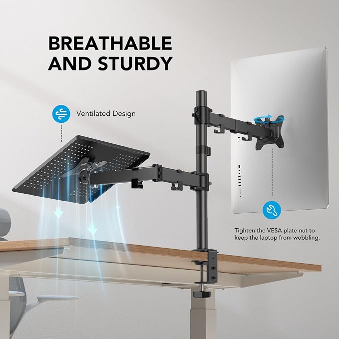 HUANUO Adjustable Monitor Arm with Laptop Tray, Single Desk Mount for 13-32" VESA Monitors up to 22 lbs, 14" x 12" Laptop Tray - Image 7