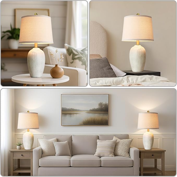 AIEAMPDO 21'' Set of 2 Rustic Ceramic Small Table Lamps for Bedroom | Farmhouse Vintage Nightstand Lamps for Living Room Office Entryway End Table, 2 Bulbs Included - Image 4