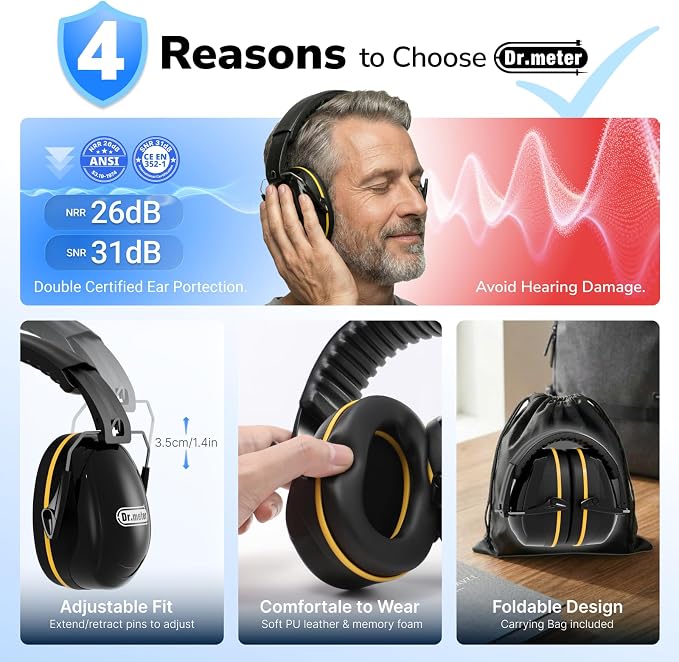 Dr.meter Hearing Protection Ear Muffs, 31dB Noise Reduction Safety Earmuffs with Adjustable Headband for Adults Kids Autism Sensory, Ear Muff for Yard Work, Mowing or Hunting Black 2PACK - Image 5