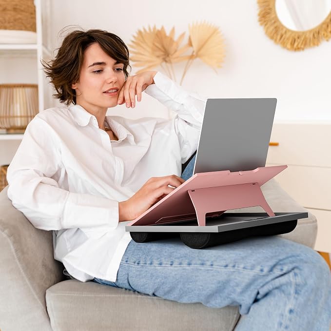 HUANUO Adjustable Lap Desk - with 8 Adjustable Angles & Dual Cushions Laptop Stand for Car Laptop Desk, Work Table, Lap Writing Board & Drawing Desk on Sofa or Bed, Pink | Dual-cushion base, carry handle, 30% thicker for durability, wider anti-slip led... - Image 6
