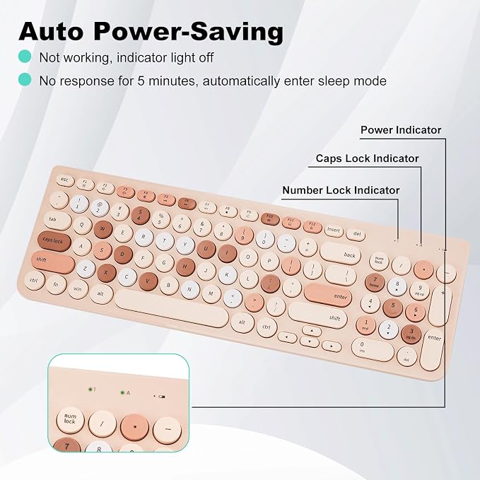 Wireless Keyboard and Mouse Combo, Retro Typewriter Keyboard with Round Keycaps, 2.4GHz USB Cute Wireless Keyboard Mouse for Computer, Desktop, Laptop (Milk Tea Colorful) - Image 3