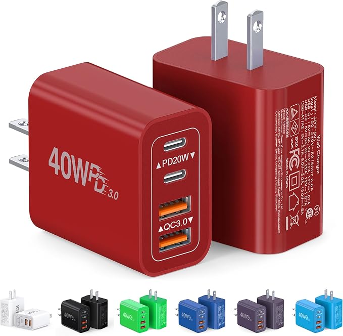 [2-Pack] 40W USB C Charger Block, 4-Port Type C Fast Charging Brick Dual PD&QC Wall Plug Adapter Power Brick for iPhone 13/14/15/16/17/Pro/Pro Max/Plus/iPad/Airpods/iwatch/Samsung Galaxy (Red) by CSODINCE