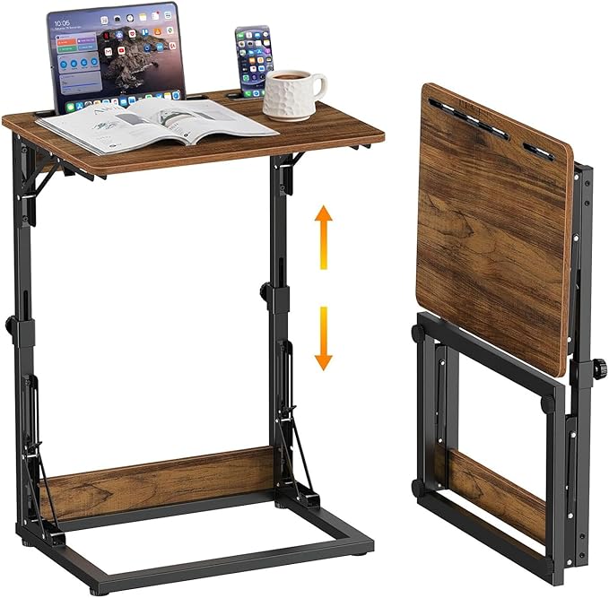 Folding TV Tray Table, Adjustable Height TV Trays for Eating on Couch | TV dinner tray table with tablet & phone slots,c shaped end table,laptop desk for sofa,bedside,recliner,dining,working,gaming by BeGyoku