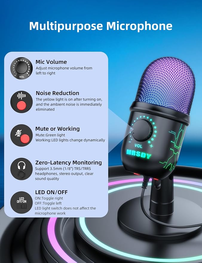 USB Gaming Microphone for PC with Noise Reduction, Mute, Gain, RGB | Condenser Mic, Headphone Jack, Suitable for PC, Computer, PS4, PS5, Mac, Streaming, Podcasting, Recording, YouTube, Discord - Image 4
