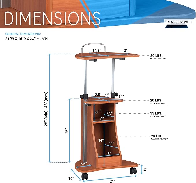 Adjustable Height Laptop Cart With Storage. Color: Woodgrain | Adjustable height rolling laptop cart with storage drawer, open shelf, wheels, sit‑stand design for office or medical use - Image 3