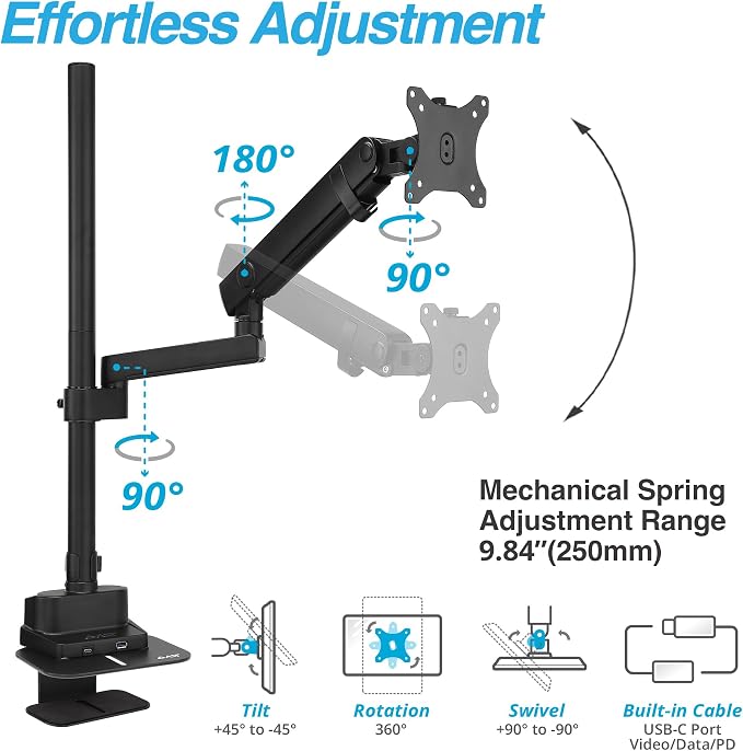 AVLT Single 40 Inch Monitor Arm Pole Top Mount with USB-C&A Ports - Black | Supports 26.4 lbs (12kg), Ultrawide Screen Fit, VESA Compatible, Tilt, Swivel, Rotate, Ergonomic Adjustable Height, Durable - Image 4