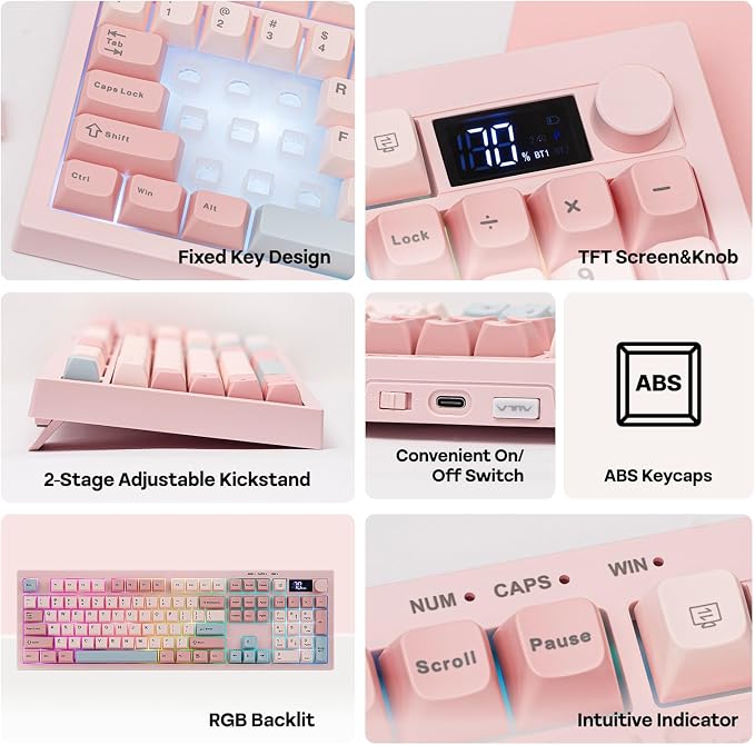 EPOMAKER Aula S102 PRO Membrane Gaming Keyboard w/TFT Screen & Volume Knob | Silent Keyboard w/ Number Pad for PC Game/Office, BT/2.4G/USB, RGB Backlit, Creamy Silicone Structure (Pink) - Image 3