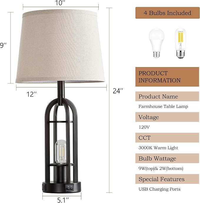 SRJJA Black Table Lamps for Living Room Set of 2 - Farmhouse Lamps for Night Stands with USB A+C, Bedside Lamps for Bedroom, 24'' Industrial Lamp for Living Room End Tables - Image 6