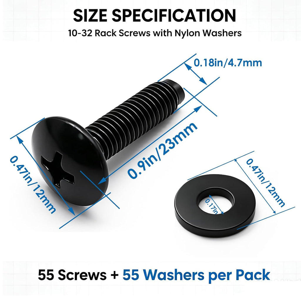 10-32 Rack Screws 55-Pack with Nylon Washers, Universal Rack Mount Fasteners for Server Racks, Network Cabinets, Audio Mounts, Recording Studio, AV Rackmount Hardware - Image 2