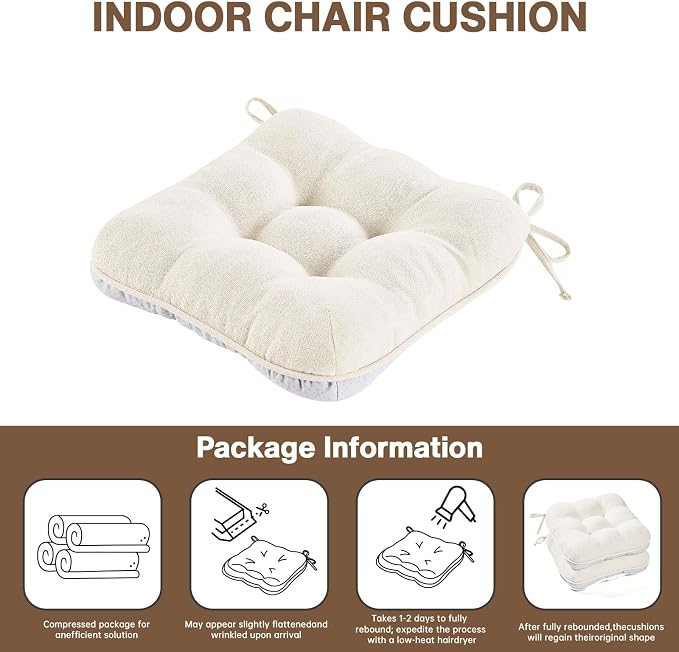 BETU White Chair Cushions for Dining Chairs Set of 4,3.5" Thick Kitchen Table Chair Pads with Ties,Non Slip Backing and Covers, Seat Cushion for Dining Room,Bar,Patio Chairs,15.5"X15.5"X3.5",White - Image 9