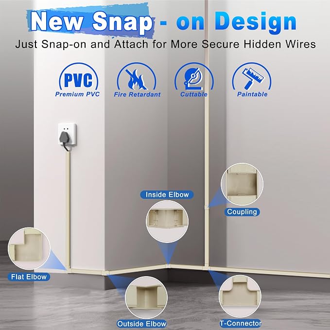 392.5in Wire Covers for Cords Kit - Beige Cord Cover, Wall Wire Hiders, TV Cable Hider, Cord Hider - Mounted TV, Cord Concealer - 25 x 15.7 W 0.95H 0.55in - Image 4
