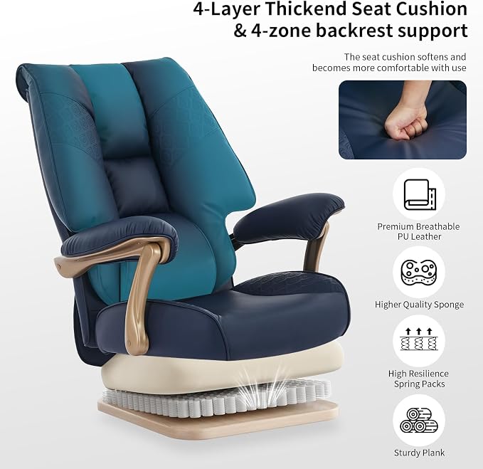 EXCEBET Big and Tall Executive Office Chair with Footrest, 400LBS Capacity Ergonomic High-Back Desk Office Chair with Lumbar Support, Padded Armrests & Thick Cushion, Blue PU Leather Chairs - Image 3
