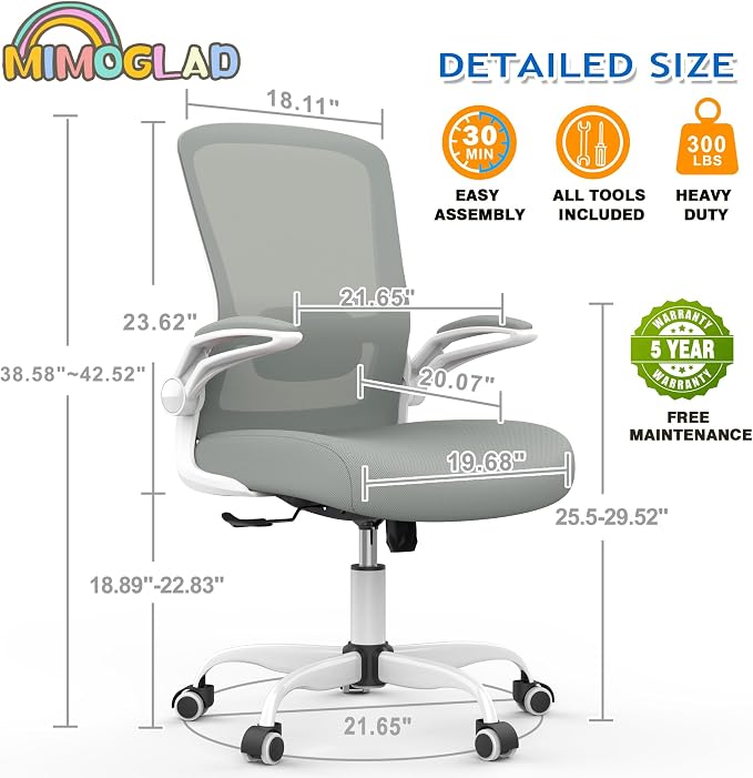 Mimoglad Ergonomic High Back Mesh Office Chair, Adjustable Lumbar Support, Thickened Seat Cushion (Modern, Moon Gray) - Image 2