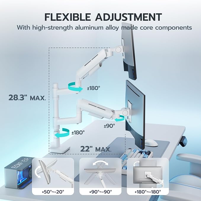 ARES WING Dual Monitor Mount for 17-49 Inch Screen, White | Ultrawide Heavy Duty Computer Monitor Arm Desk Mount for Curved Screen, Gas Spring Adjustable Vesa Stand - Image 7