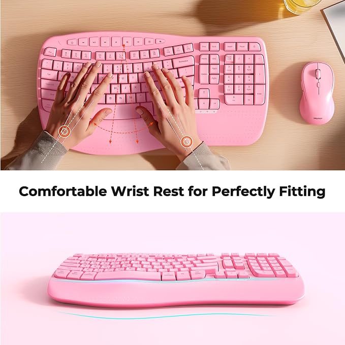 MEETION Ergonomic Wireless Keyboard and Mouse Combo with Wave Keys, Pink | Natural wave keys, hard wrist rest, 2.4G USB receiver, full-size layout, 4 DPI optical mouse, for Windows, Mac, desktop PC - Image 3