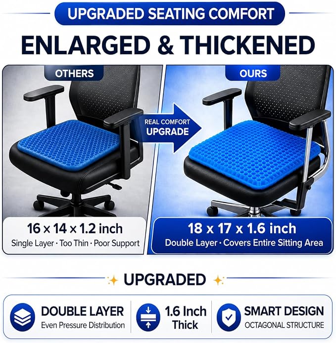 Large Gel Seat Cushion for Long Sitting, Cooling Gel Cushion for Office Chair, Tailbone Sciatica Coccyx Pain Pressure Relief Orthopedic Seat Cushion, Double Handles Non Slip Cover for Car Wheelchair - Image 5