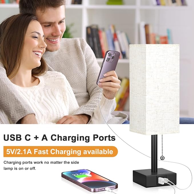 Small Bedside Table Lamp for Bedroom - Desk Lamp For Nightstand, USB C+A | Pull Chain Lamp, 3 Color Modes(3000K/4000K/5000K), E26 LED Bulb Included, Square Beige Fabric Lampshade, for Read, Work, Dorm - Image 5
