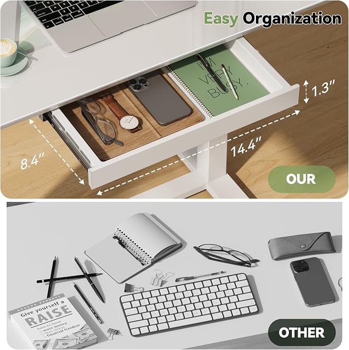 35inch Glass Standing Desk, Height Adjustable with Drawer | Pneumatic Rolling Laptop Desk on Hidden Wheels/Lockable Casters, White Portable Mobile Computer Workstation with Dual Column - Image 5