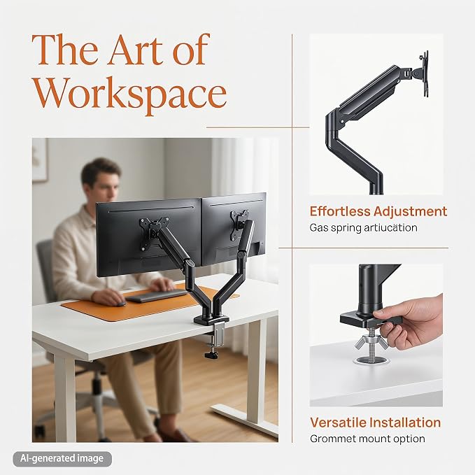 Dual Monitor Stand for 2 Screens up to 32 in, Each Arm Holds 22 lbs, Adjustable Dual Monitor Mount with Gas Spring, Tilt Swivel Rotate, VESA 75/100mm for Home & Office - Image 4
