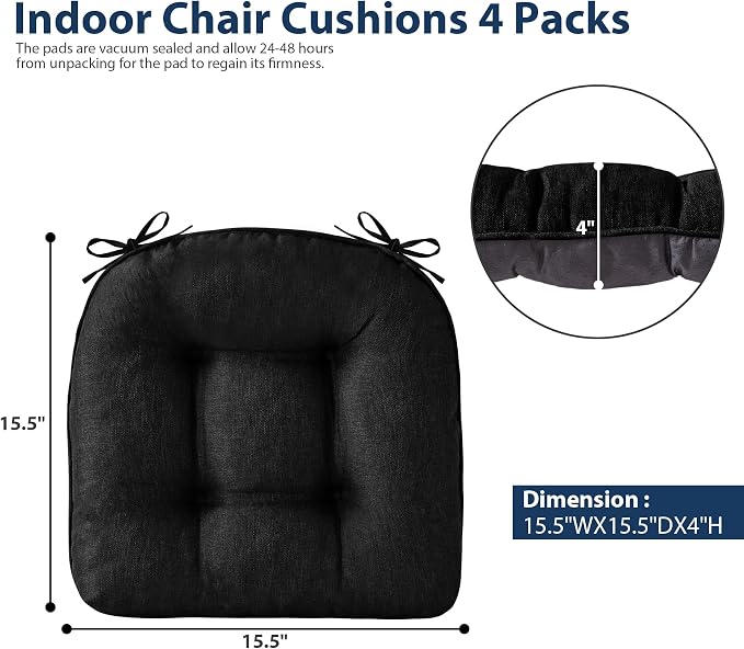 IASEAHK Chair Cushions for Dining Chairs, Seat Cushions for Kitchen Chairs, Indoor Seat Cushions with Ties, Tufted Foam Chair Pads, Non Slip Chair Cushions Set of 4, 15.5" x 15.5" x 4", Black - Image 2