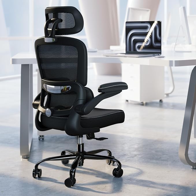TRALT Ergonomic Office Chair Desk Chair with Adjustable Lumbar Support | Home Office Desk Chairs with Flip-up Armrests & 3D Headrest - Mesh Gaming Chairs for Adults, 330lbs, PU Leather (Black, 1) by TRALT