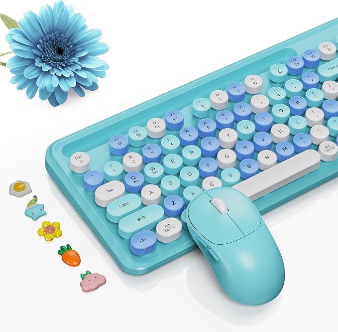 Wireless Keyboard and Mouse Combo, Retro Round Keycaps, Full-Size Stylish Typewriter Keyboard with Phone/Tablet Holder, Ergonomic Mouse with 3-Level DPI, 2.4GHz Connection for Windows/PC (Ice Blue) | Full-Size Retro Typewriter-Style Keyboard, Tilt Legs... - Image 9