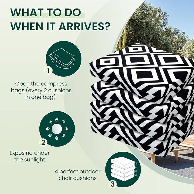 HARBOREST Outdoor Chair Cushions Set of 4, Water Resistant Patio Chair Cushions with Ties, Square Corner Outdoor Seat Cushions for Patio Furniture, 18.5"x16"x3", Black/White Diamond - Image 5