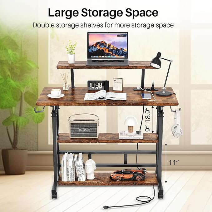 Adjustable Height Standing Desk with Power Outlets, Rolling Stand Up Desk with Monitor Stand and Storage Shelves, 31.5" Small Mobile Computer Desk, Portable Laptop Table (Retro Brown) - Image 8
