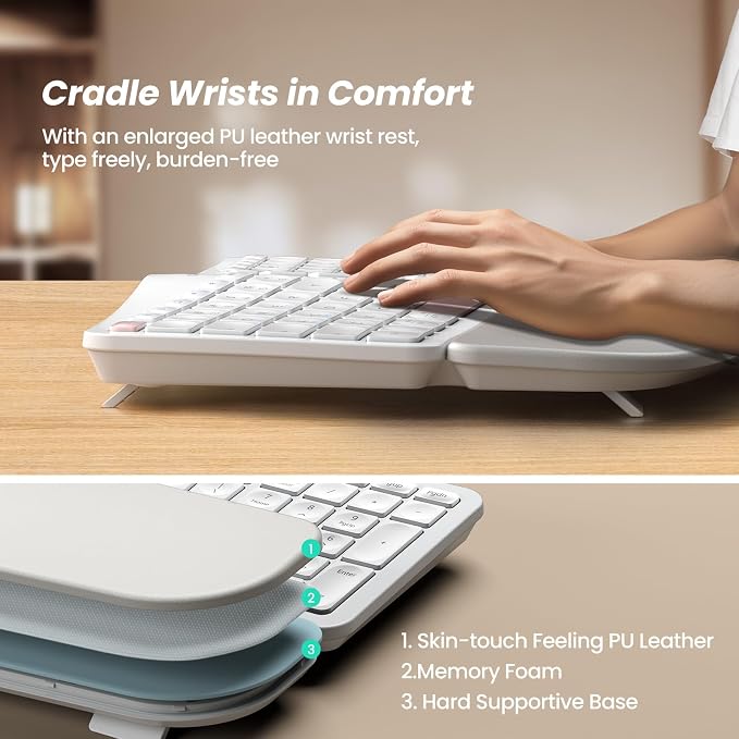 Nulea Wireless Ergonomic Keyboard, Split Keyboard with Cushioned Wrist Rest, USB and Bluetooth Connectivity, USB-C Rechargeable, Compatible with Windows Mac（Pink-White） - Image 4