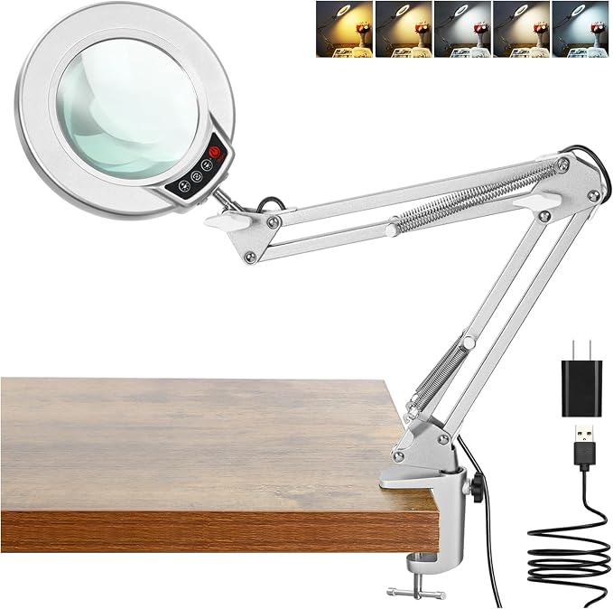 Coyeth 10X Magnifying Glass with Light and Clamp, Real Glass Stand Lighted Magnifier, 5 Color Modes Stepless Dimmable LED Desk Lamp Hands Free for Crafts Hobby Reading Painting Close Work - Silver by COYETH