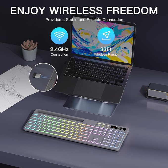 Soueto Wireless Keyboard with 7-Color RGB Backlit, Full-Size Computer Keyboard with Phone Tablet Holder, 2.4G Rechargeable Gaming Keyboard with Light Up Keys, Compatible with Mac, Windows (Grey) - Image 7