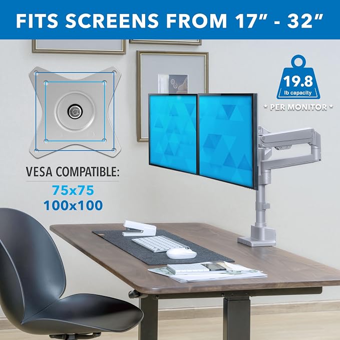 Mount-It! Dual Monitor Mount - Monitor Stands for 2 Monitors, Computer Arms on Desk Stand, Gas Spring Height Adjustable Desk Mount in Silver, VESA 75, 100 Fits Screens Up to 32", Silver Color - Image 6