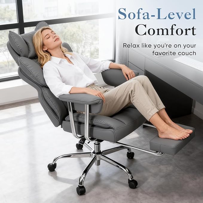 DUMOS Big and Tall Home Office Desk Chair, Executive Chair with Footrest | Scratch-Resistant PU Leather, Ergonomic Reclining, Pocket Spring Support, 400 LBS Weight Capacity, Grey - Image 3