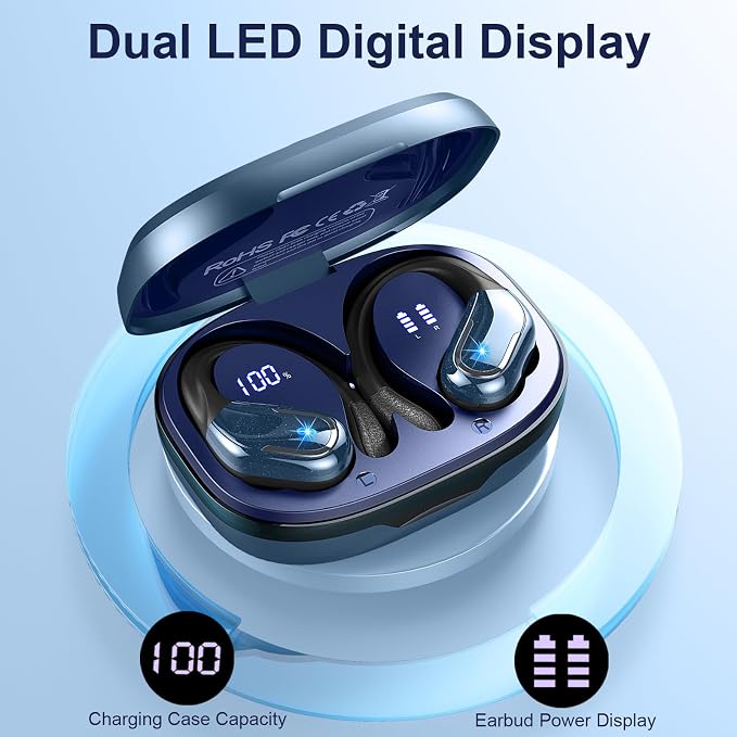 Wireless Earbud, Bluetooth 5.4 Headphones IP7 Waterproof Sport, 75Hrs Running Wireless Earphones with ENC Noise Canceling Mic, Deep Bass Over Ear bud with Earhooks for Android, iOS, Workout, Gym, Blue - Image 5