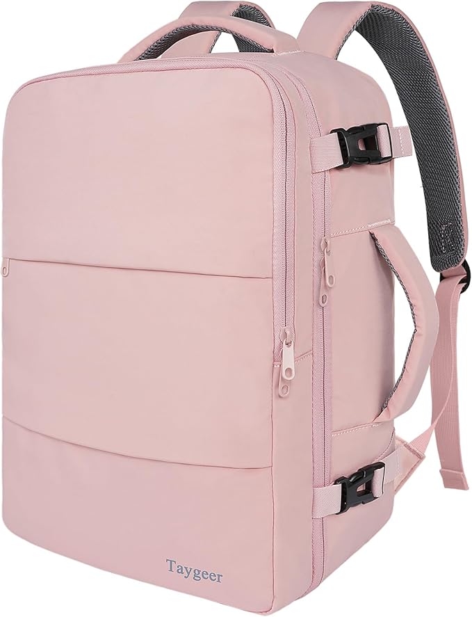 Taygeer Travel Backpack for Women, TSA Carry On Backpack Flight Approved | 15.6inch Laptop Mochila with Water Bottle Pocket & Shoe Pouch, Nurse Bag Casual Daypack for Weekender Business Hiking, Pink by Taygeer