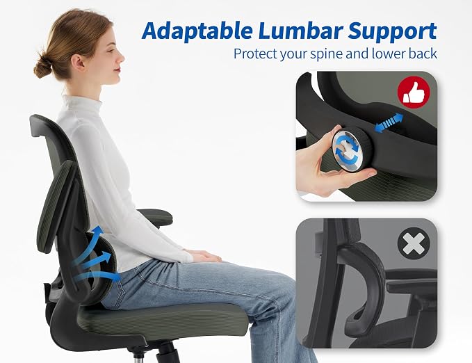 TRALT Ergonomic Office Chair Desk Chair with Adjustable Lumbar Support | Desk Chair Comfy with Flip-up Armrests Ergonomic Chair - Mesh Computer Chairs for Adults, 330lbs, PU Leather (Dark Green, 1) - Image 3