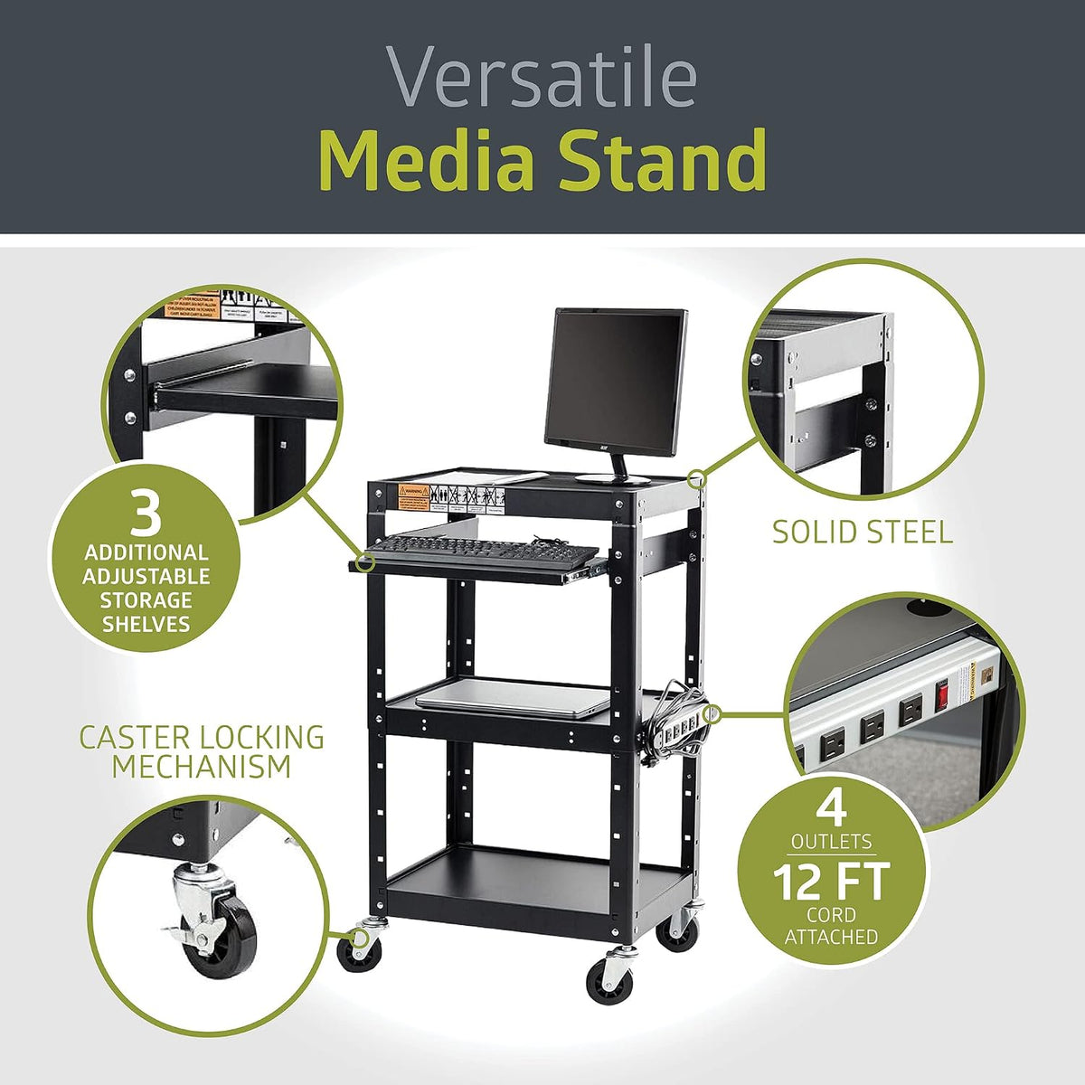 Pearington AV Presentation Cart Stand for Video Projector, TV, Laptop Computers, Printers, Metal Construction Rolling Storage Cart with Adjustable Shelves, 4 Wheels, 4 Outlets, 12ft Cord, Black - Image 5