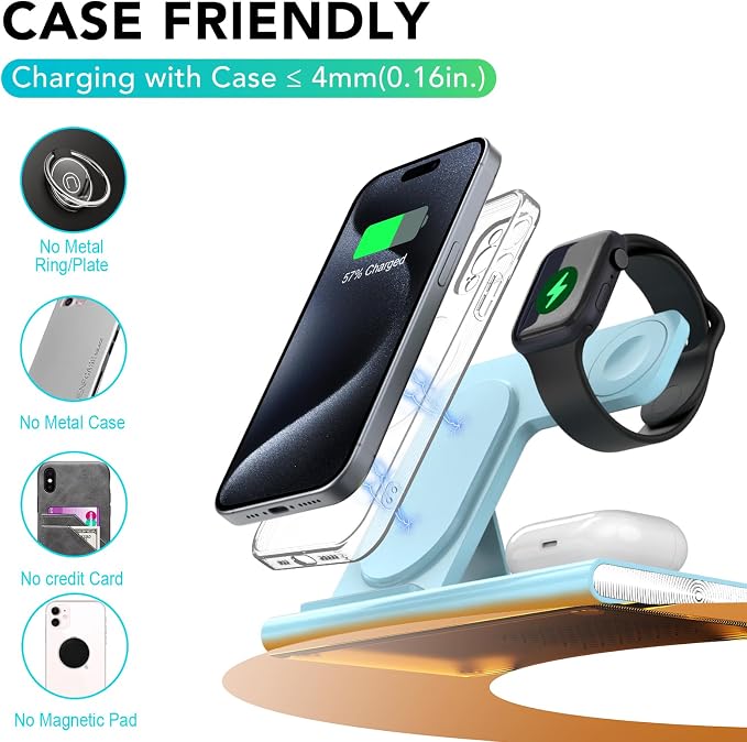 3 in 1 Foldable Wireless Fast Charging Station for Apple Multiple Devices | iPhone Charging Station for iPhone 17, Travel iWatch Charger Stand, Light Nightstand Charging Dock for Apple Watch/Airpods - Image 3